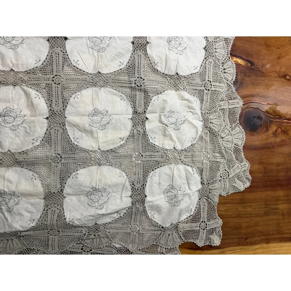 Vintage Antique Tablecloth Cotton Madeira With filet & Crochet lace LINEN E3-5